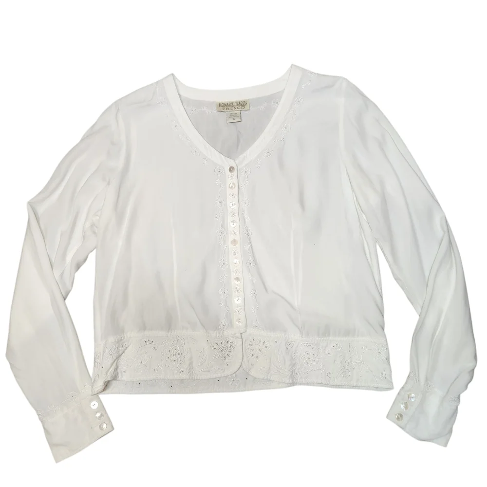 Y2K‎ Top Long Sleeve Cottagecore Fairy White Embroidered Lace Boho Indie Crop S